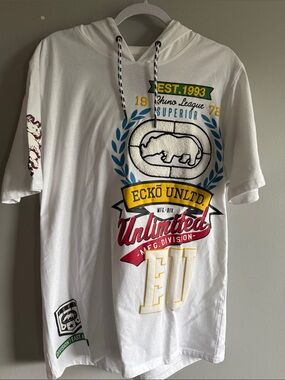 Ecko Unlimited White Short Sleeve Hoodie with Red Sleeve Graphics